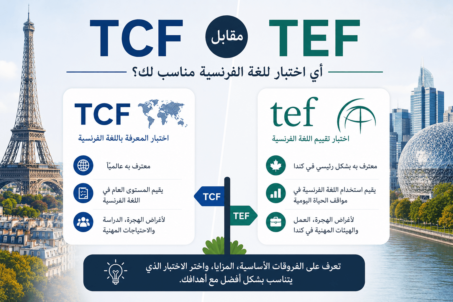 TCF أم TEF: أي اختبار فرنسي يناسبك؟ إنفوغرافيك مقارن.